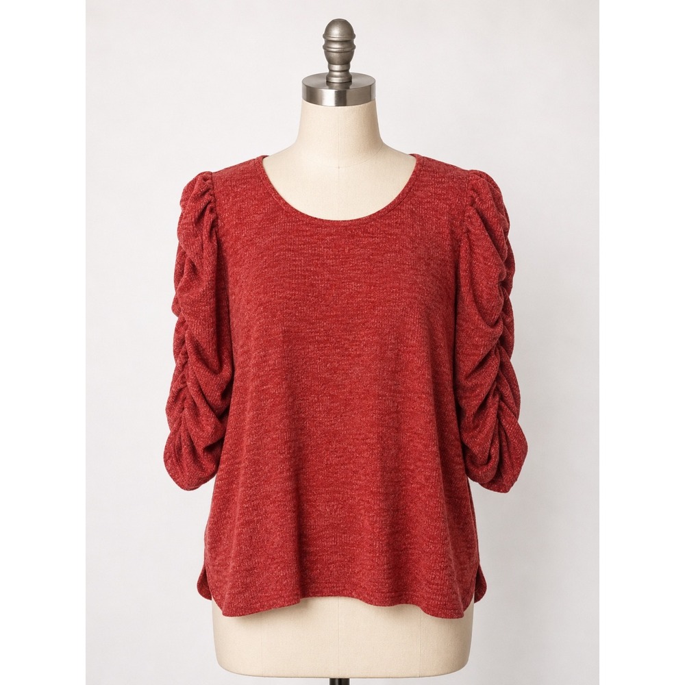 Max Studio London Top Womens 2X Red Ruched Puff Sleeve Knit Blouse Romantic NWT